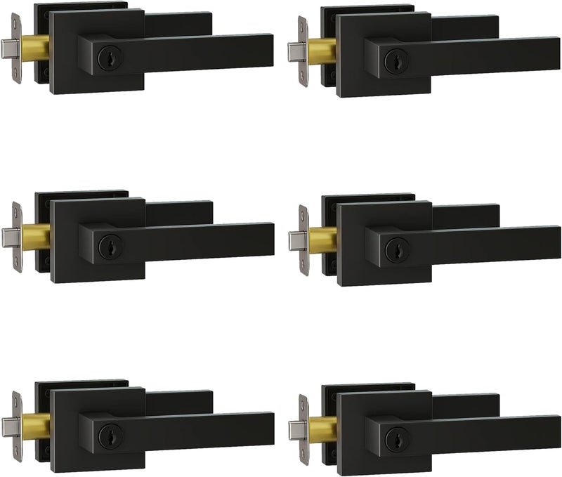 Lifetime Supplies 6 Pack Matte Black Metal Door Handles with Keys Included - Heavy Duty Privacy Interior Door Levers Reversible Square Handle for Bedroom, Bathroom, Closet - Image 1